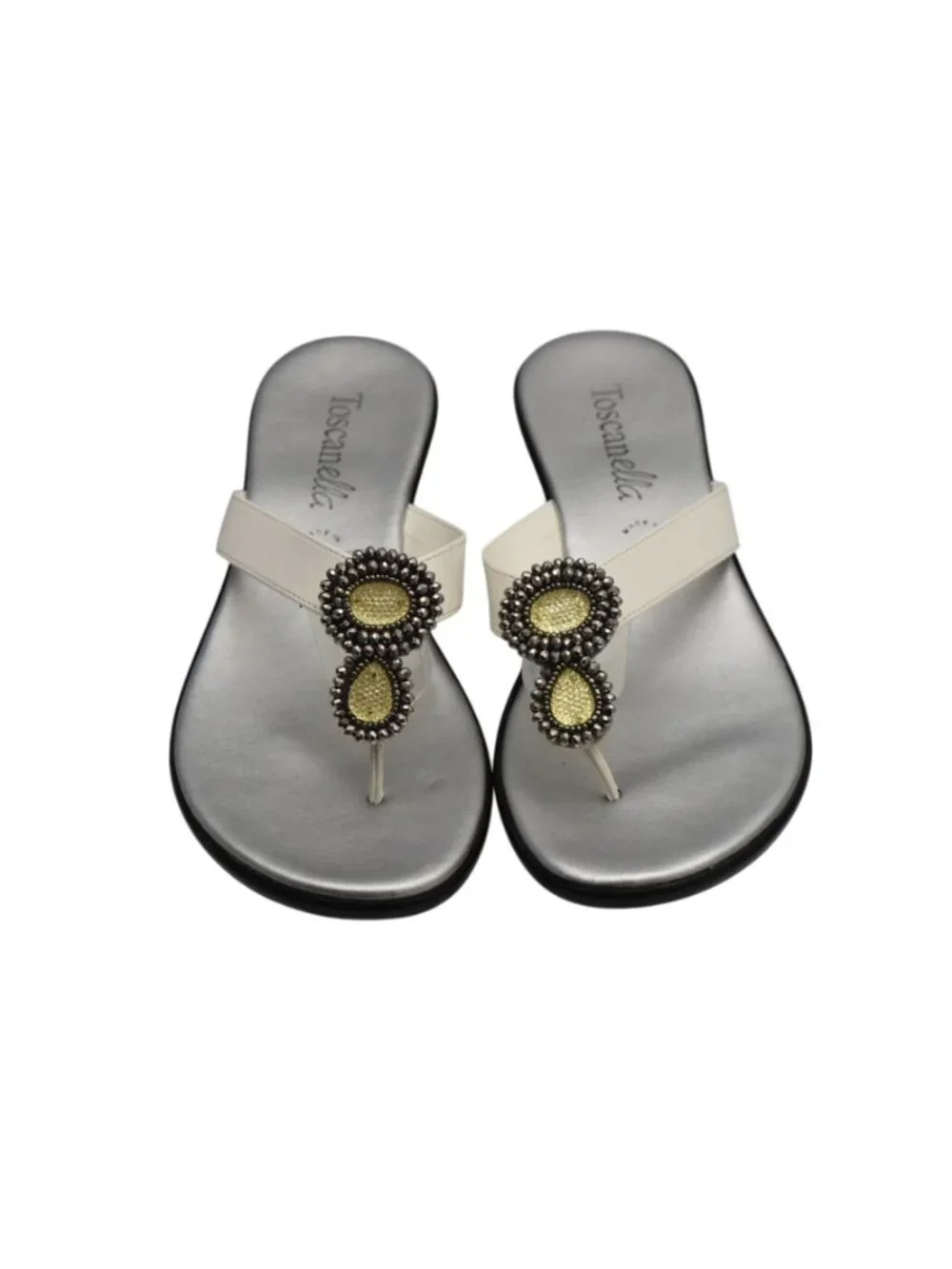 Toscanella Womens 10 White Wedge Sandals Rhinestone Italian Leather Thong Slides